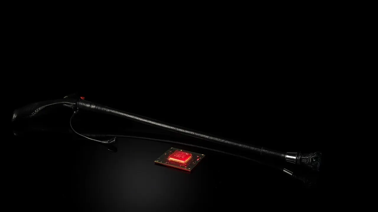 A black riding crop lying beside a glowing red computer chip on a dark surface