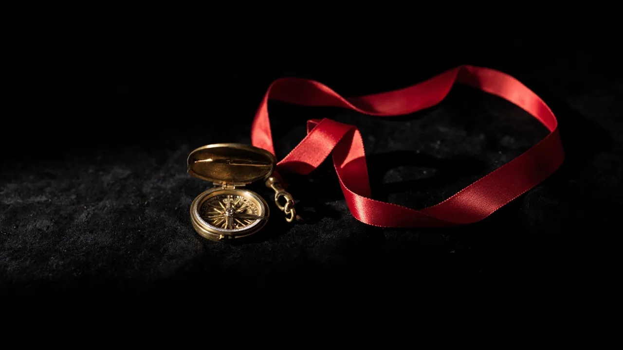 A brass pocket compass lying open beside a loose red satin ribbon on black velvet