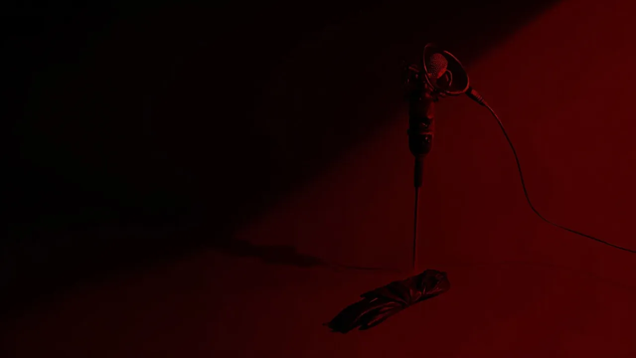 A studio microphone in red light beside a pair of black leather gloves