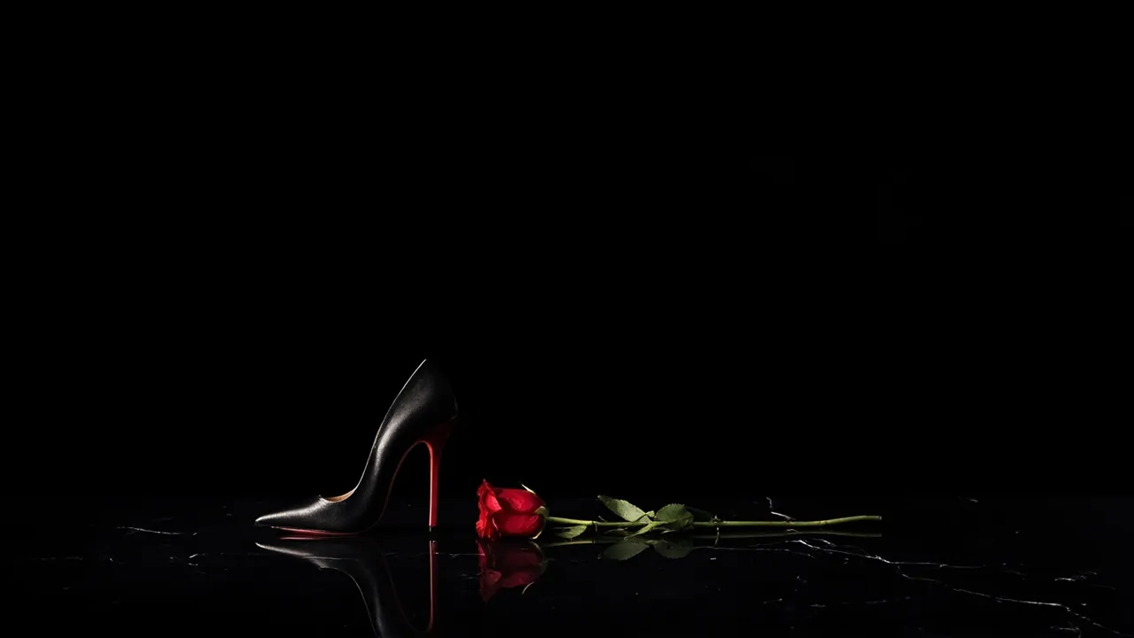 A black stiletto with a red sole beside a single red rose on dark marble