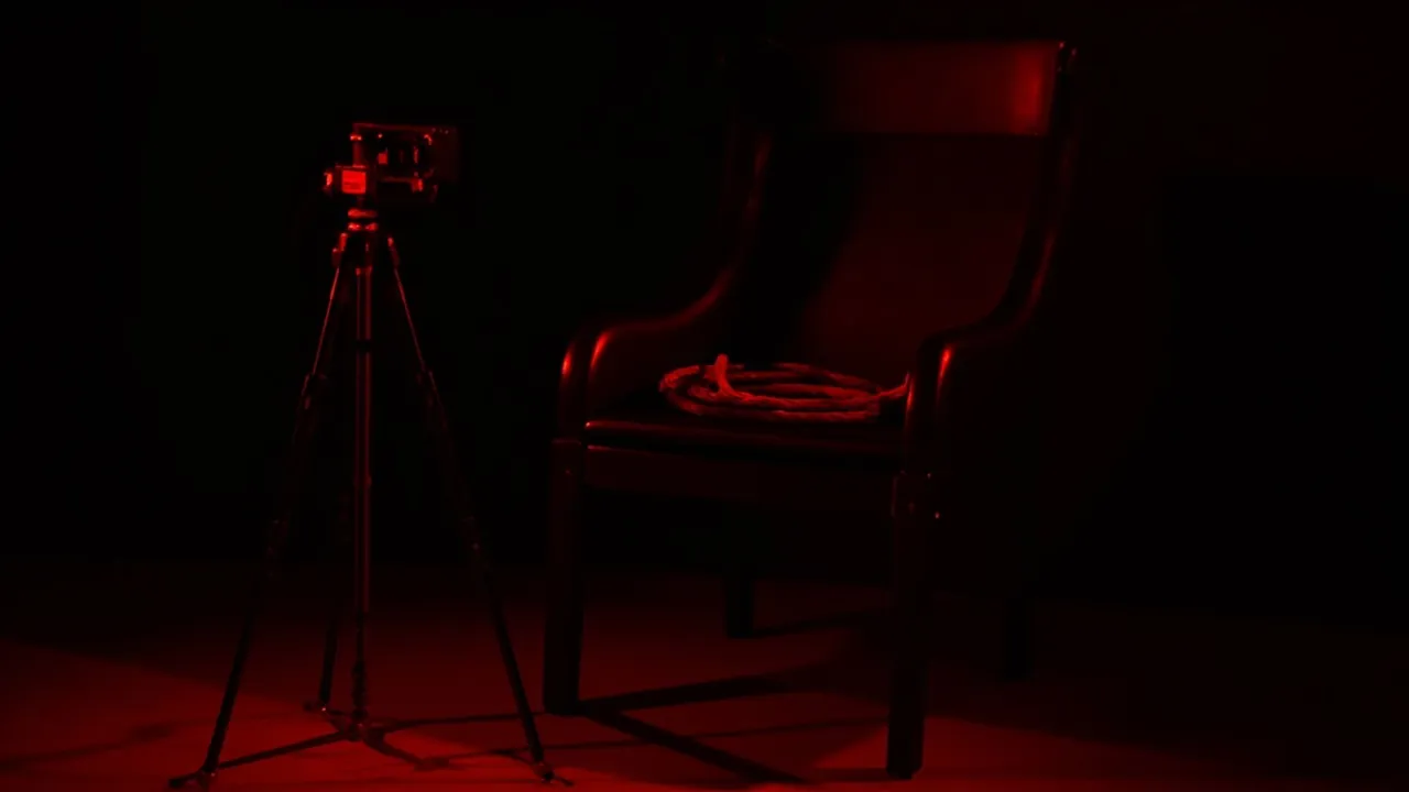 A webcam on a small tripod pointed at an empty black leather chair with a coiled whip on its seat, in red light
