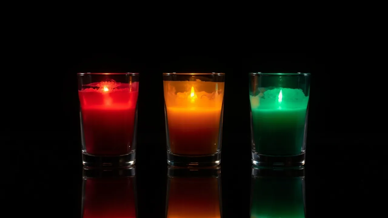 Three glass candle holders glowing red, amber and green in a row on a black table