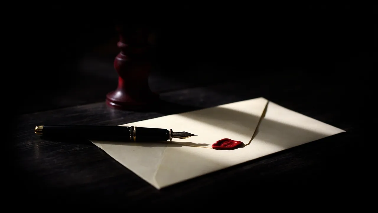 A cream envelope sealed with red wax beside a black fountain pen on a dark desk