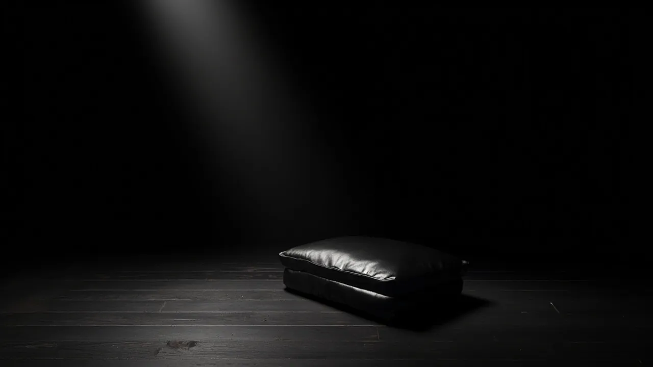 A black leather kneeling cushion on a dark wooden floor under a soft spotlight