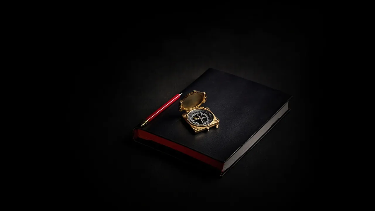 A vintage brass compass on a black leather notebook beside a red pencil