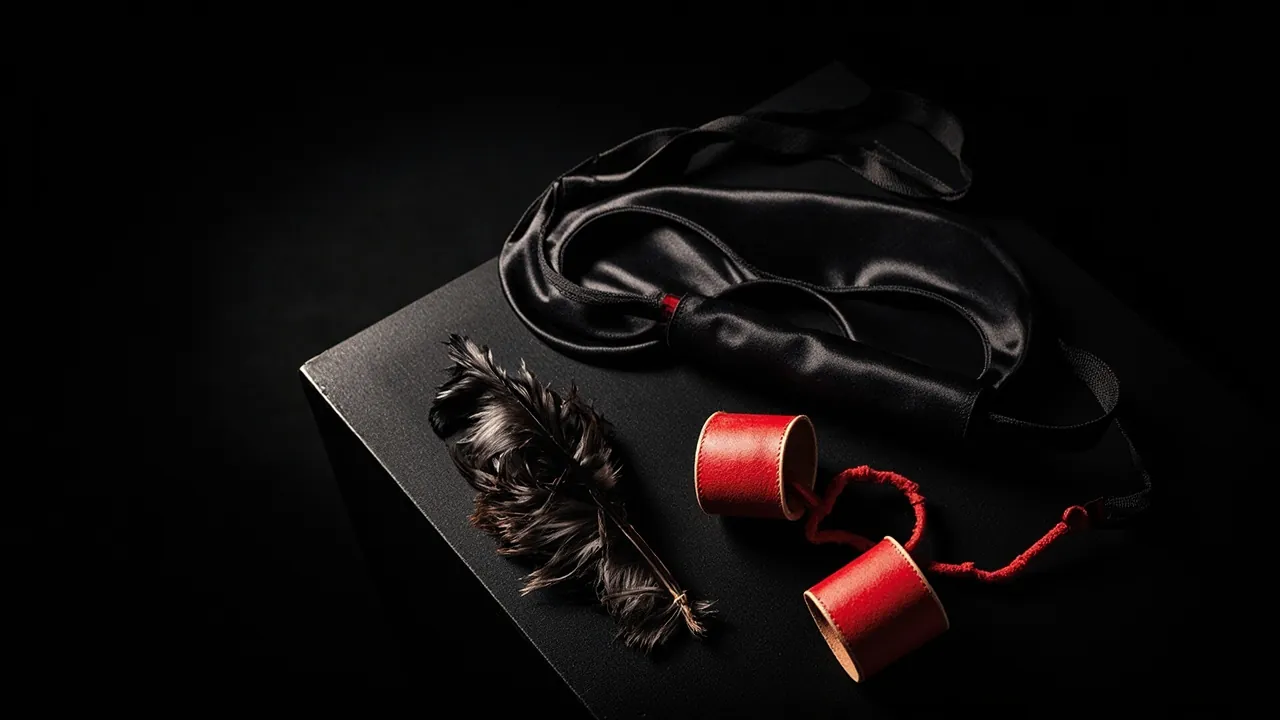 A black satin blindfold, a black feather tickler and a pair of red cuffs on a black table
