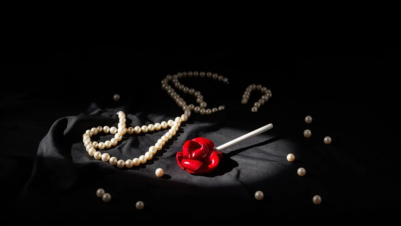 A red lollipop lying among scattered pearls on black satin