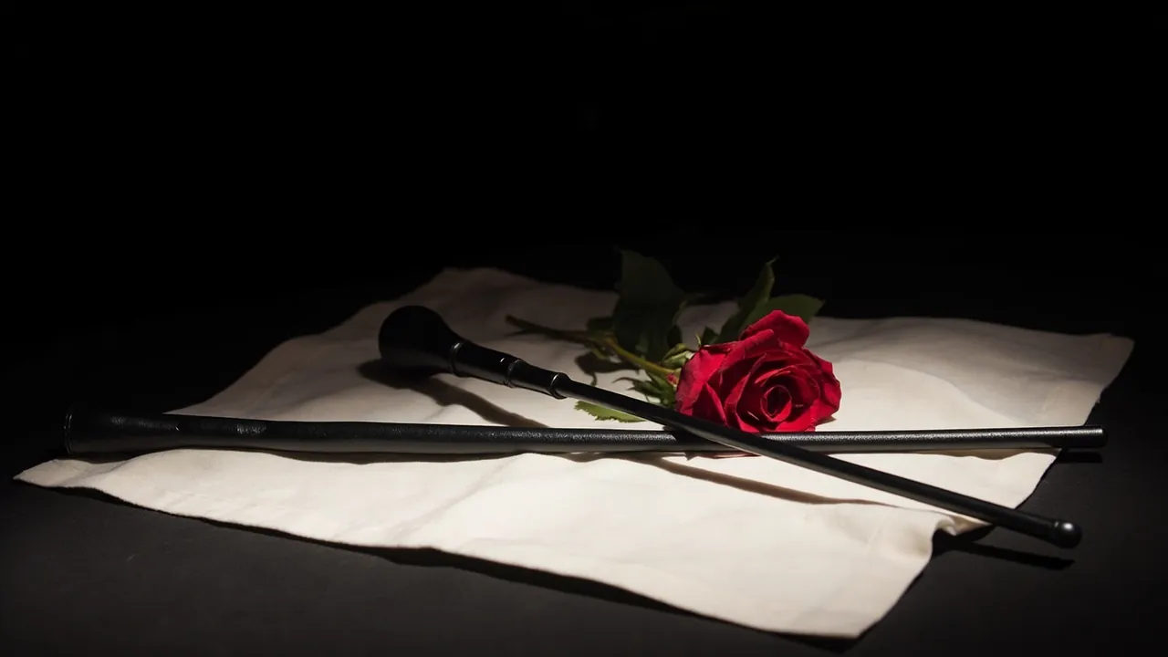 A slim black cane and a red rose lying across a white cloth on a dark surface