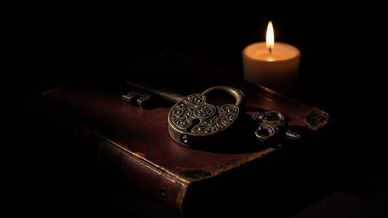 An antique hand-forged iron padlock and an ornate old key resting on a worn leather-bound book in candlelight