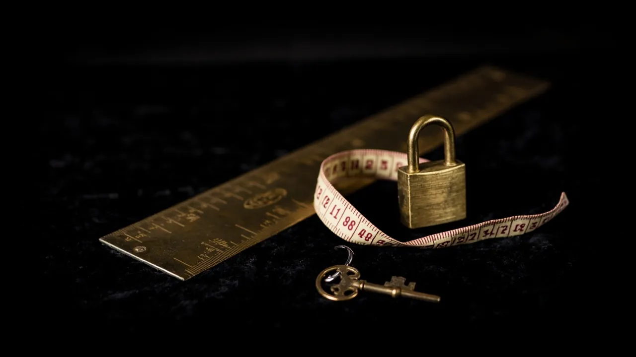 A brass ruler and a coiled tailor's tape measure beside a small brass padlock and key on black velvet