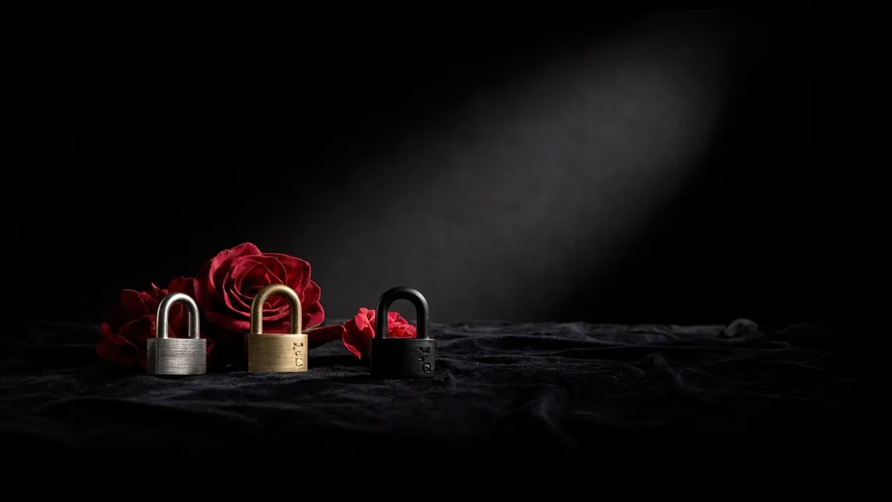 Three small padlocks in silver, brass and black among red roses on dark velvet