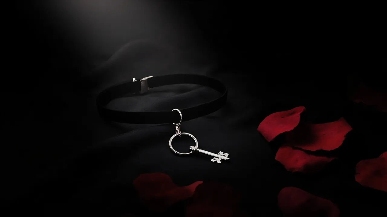 A small silver key hanging from a black velvet choker on black satin with red rose petals