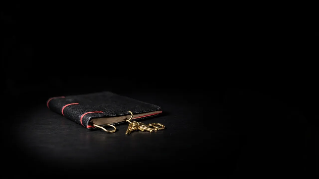 A black leather notebook with a red edge and two small brass keys on a dark surface