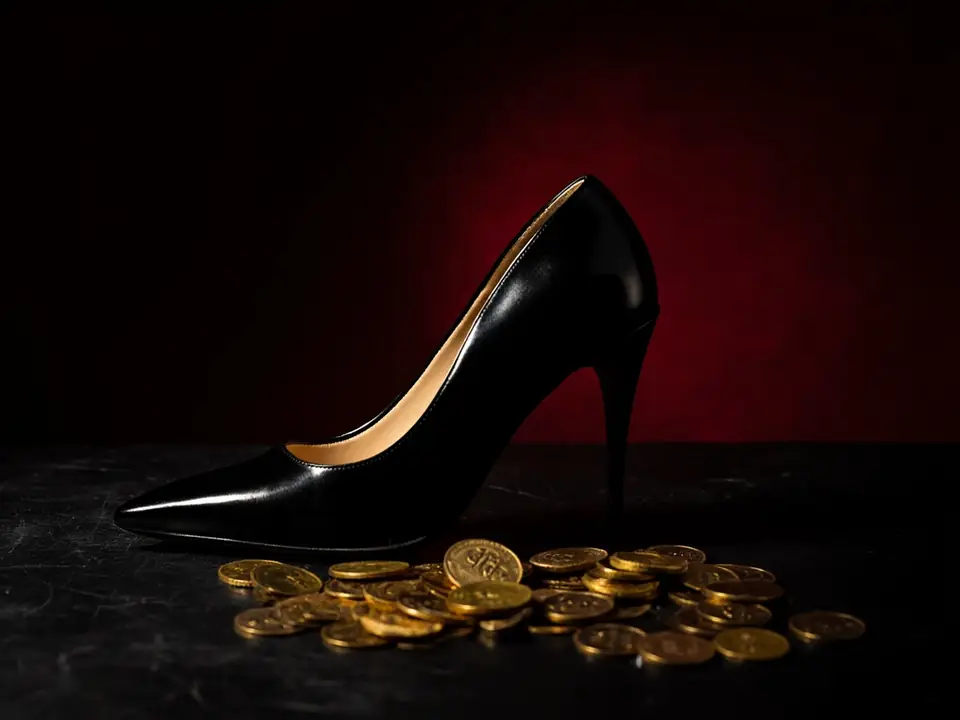 A black stiletto heel beside scattered gold coins on black leather