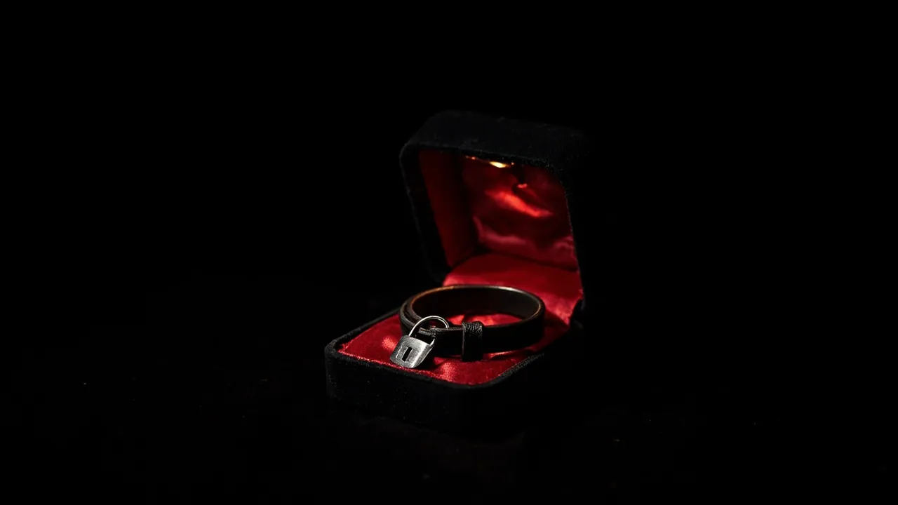 A slim black leather collar fastened with a tiny silver padlock in an open black velvet box lined with crimson silk