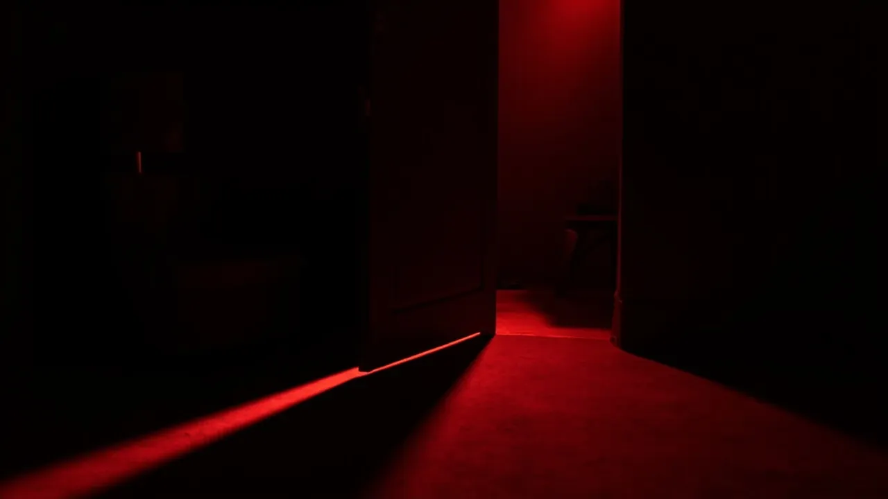 A door left ajar with red light spilling across a dark floor