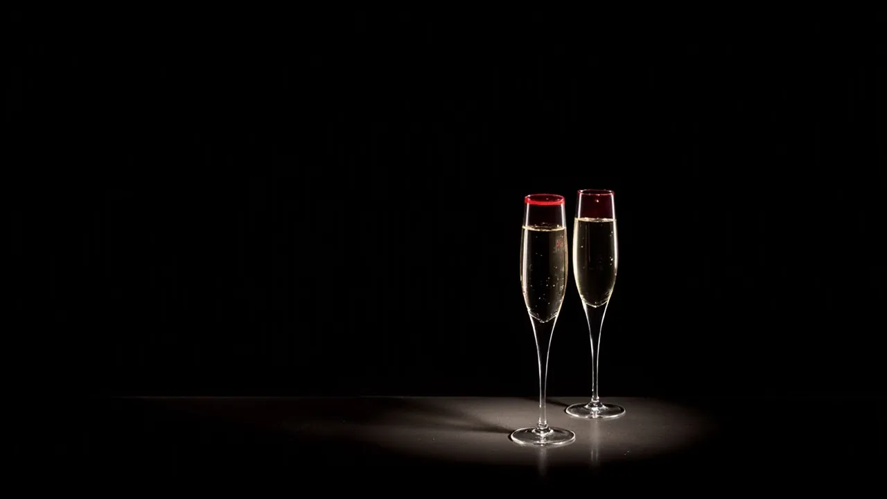 Two champagne glasses on a dark bar counter, both rims marked with red lipstick
