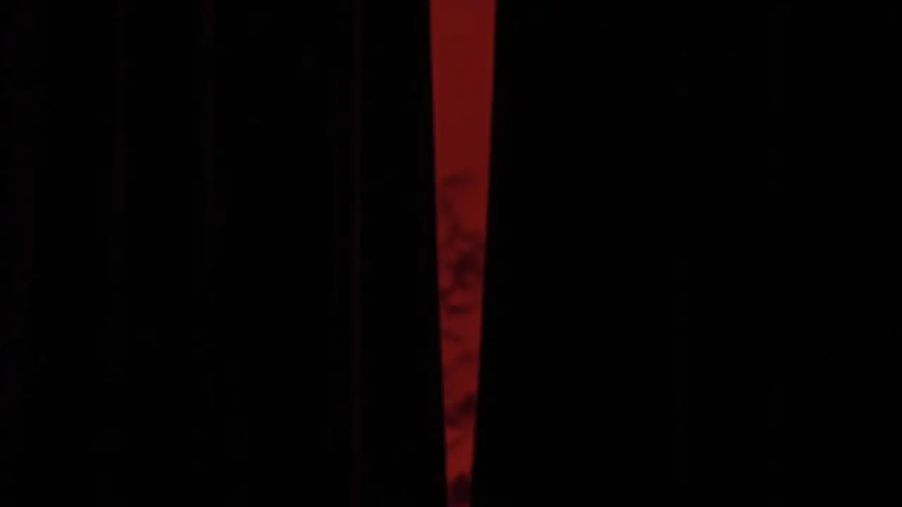 A black velvet curtain parted slightly, a thin line of red light behind it