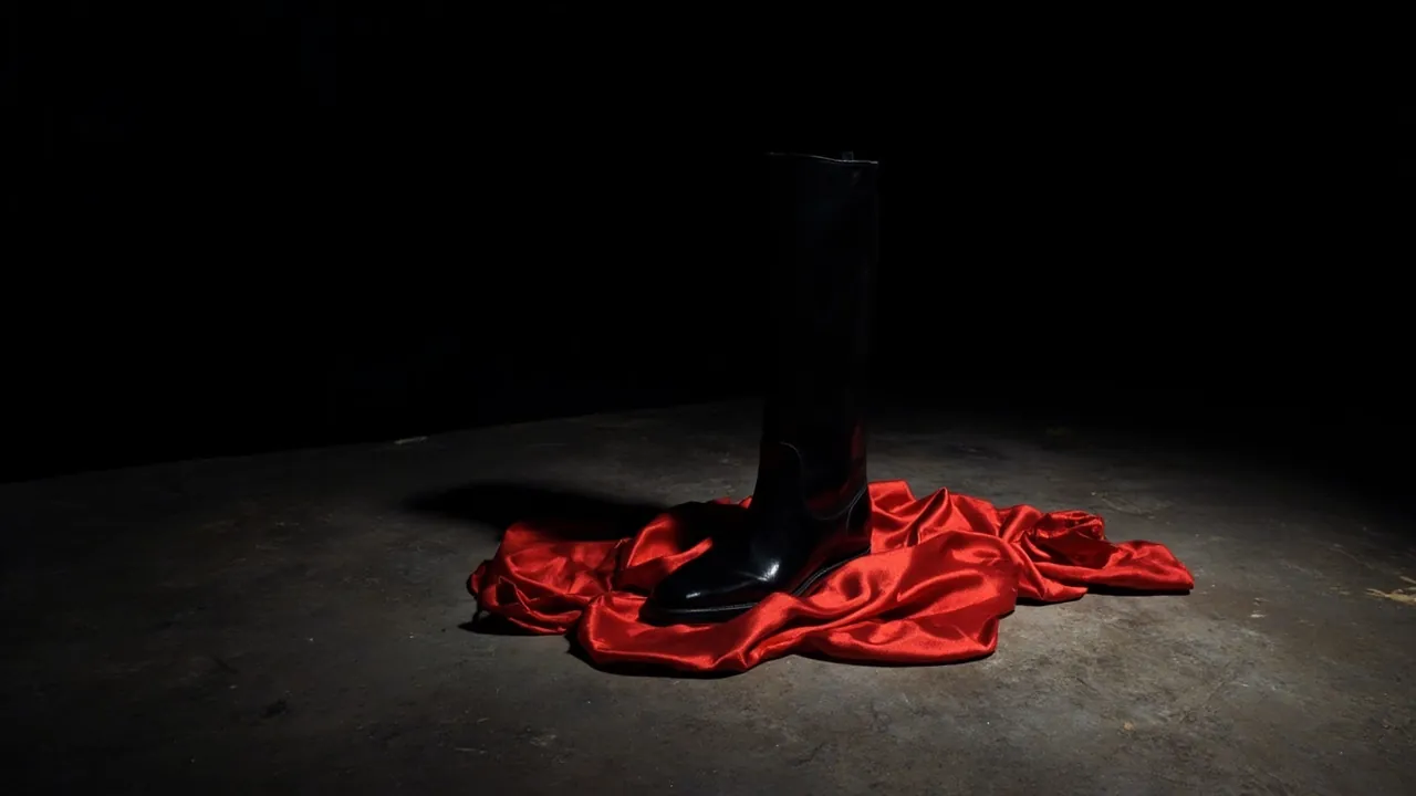 A glossy black leather boot standing on a crumpled red silk scarf on a dark floor