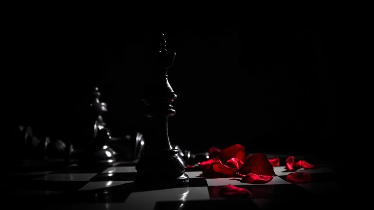 Un pezzo nero degli scacchi in piedi tra pezzi rovesciati e petali di rosa rossi sparsi su una scacchiera scura
