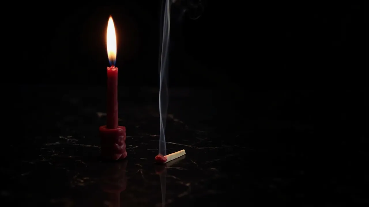 A red candle flame beside a freshly extinguished match with a thin curl of smoke on black marble