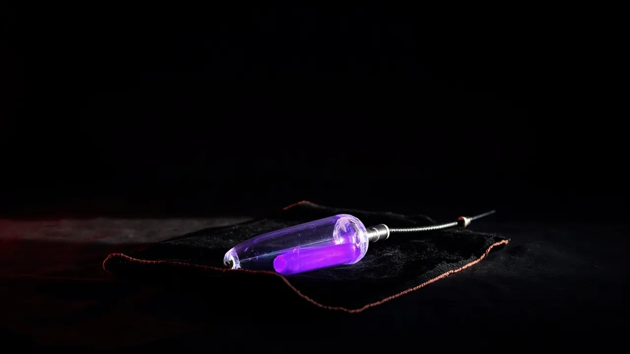 A violet wand glass electrode glowing purple on a dark cloth