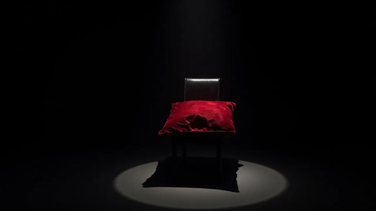 A small black chair with a red velvet cushion standing alone in a pool of light