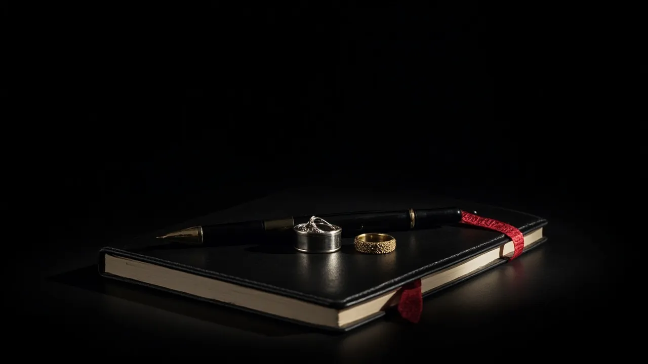 A gold and a silver ring on a closed black leather notebook with a red ribbon and a fountain pen