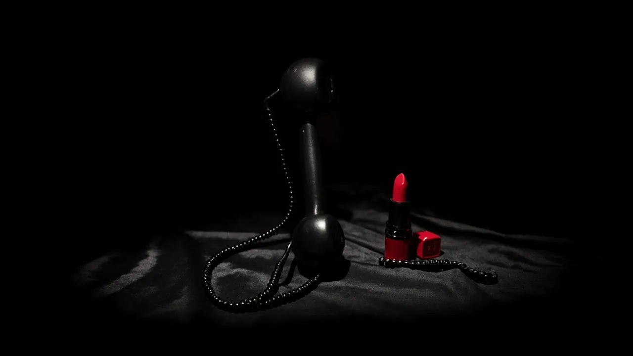 A black vintage telephone and a red lipstick on dark satin