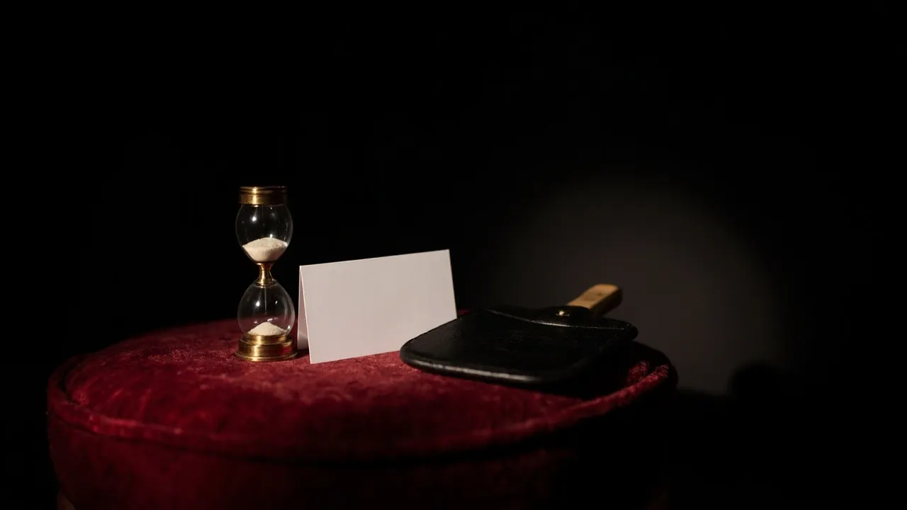 A brass hourglass, a blank white card and a black leather paddle on a red velvet stool