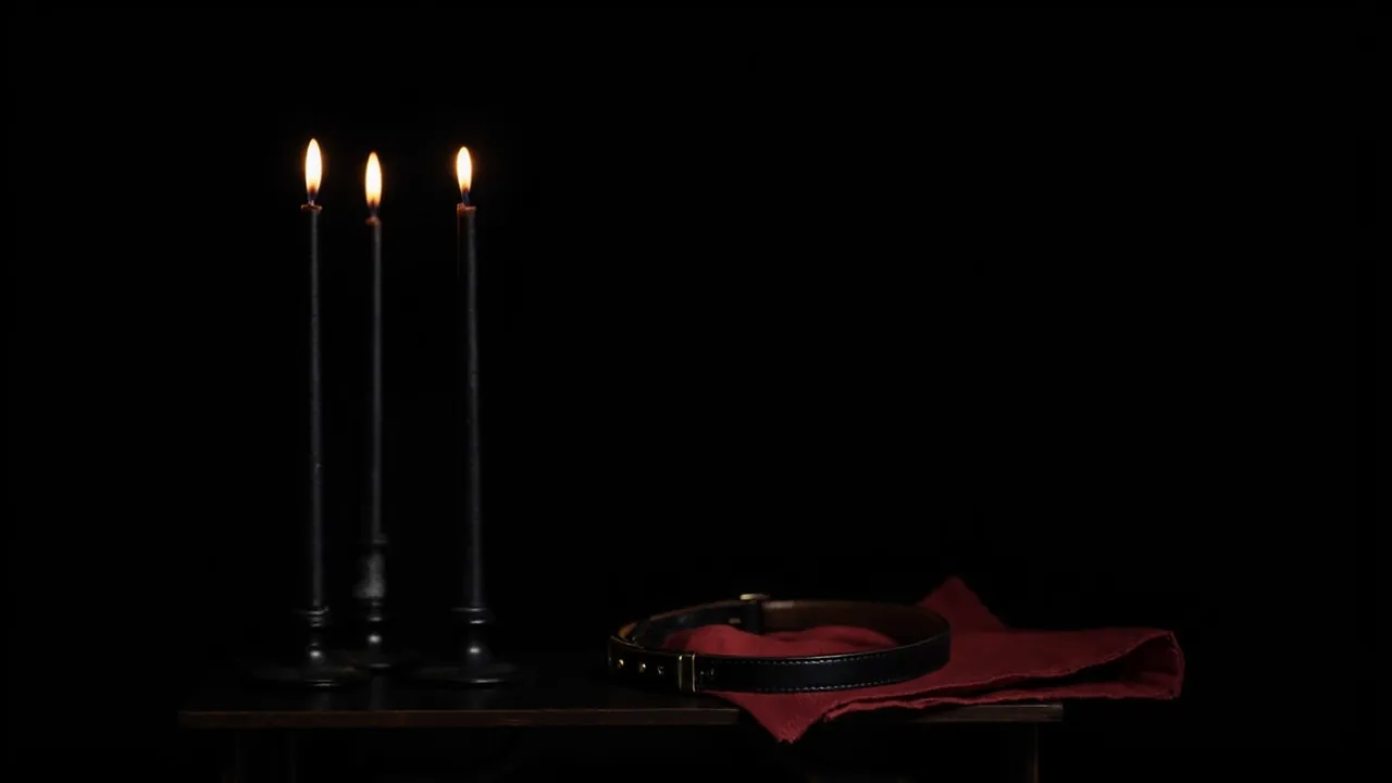 Three tall black candles burning beside a leather collar resting on red cloth
