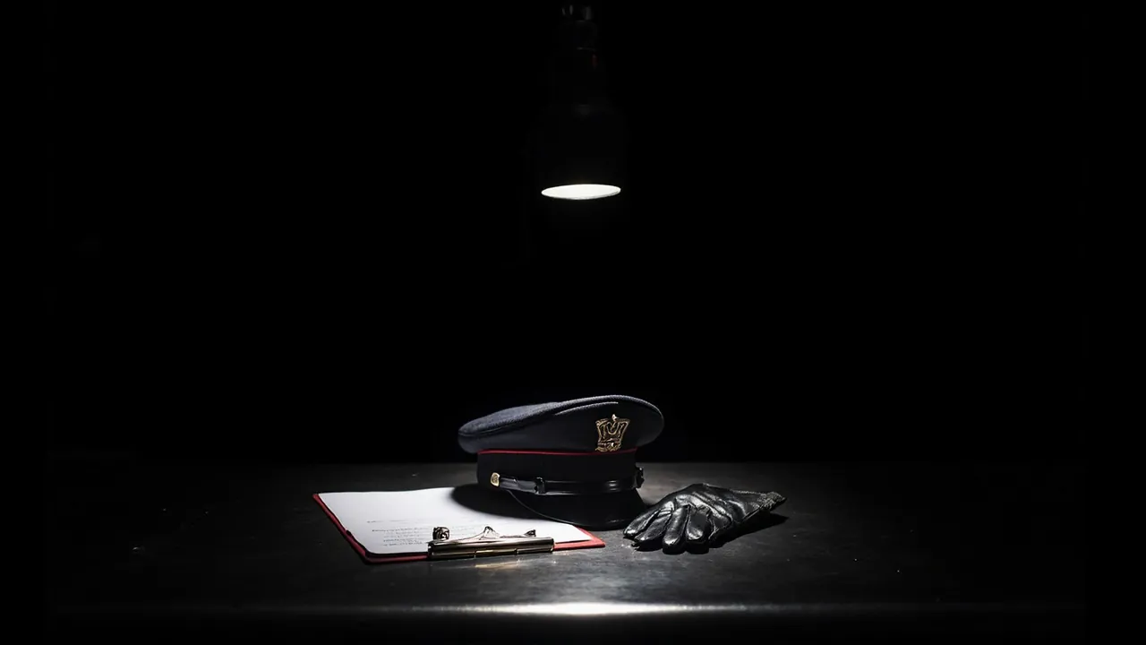 An officer's peaked cap, black leather gloves and a clipboard on a metal table under a hanging lamp