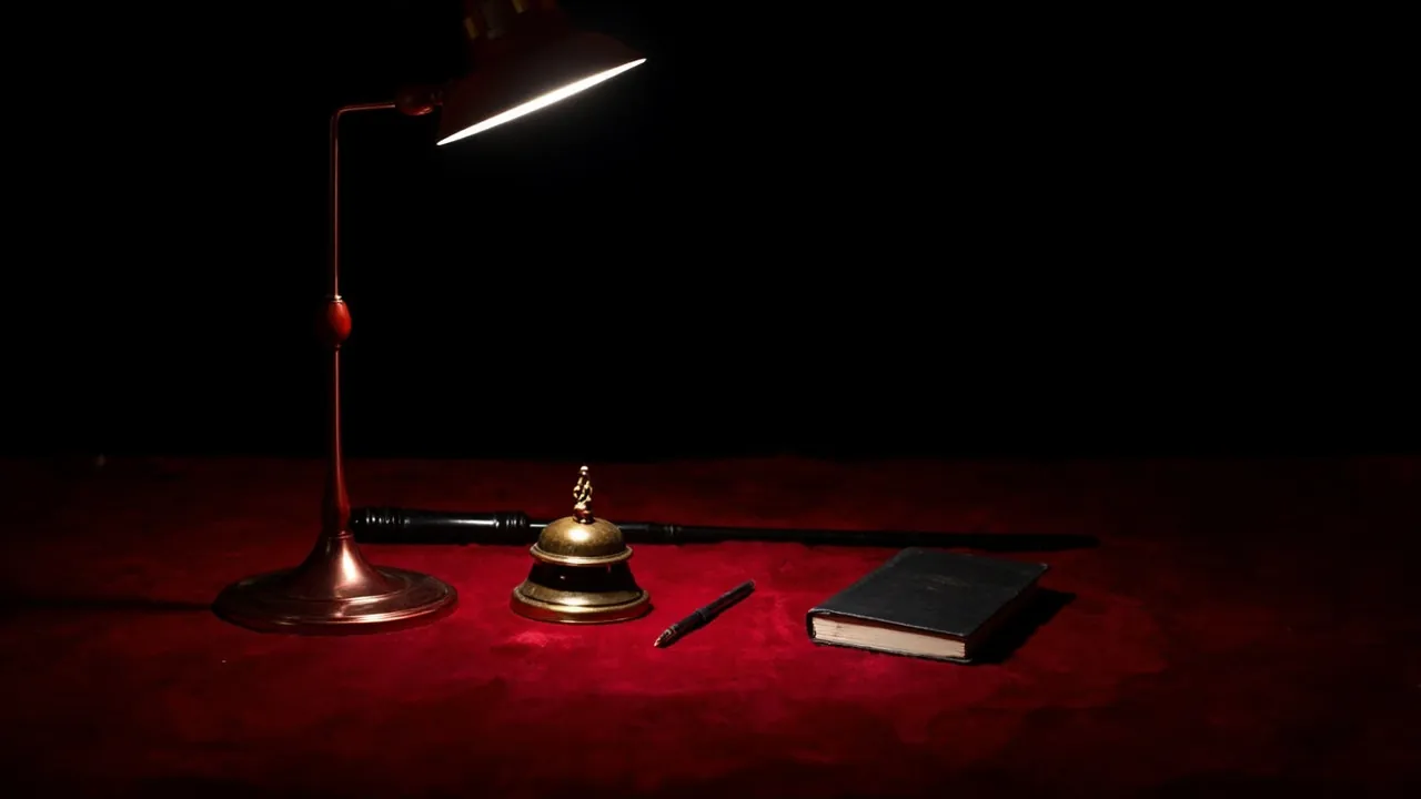 A brass desk bell, a riding crop, a pen and a black book on red velvet beneath a lamp