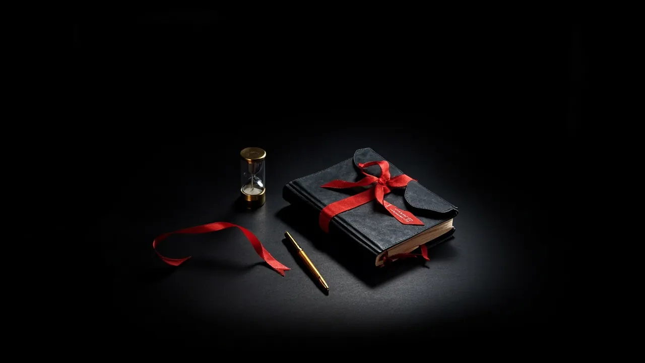 A black notebook tied with red ribbon beside a small brass hourglass and a gold pen