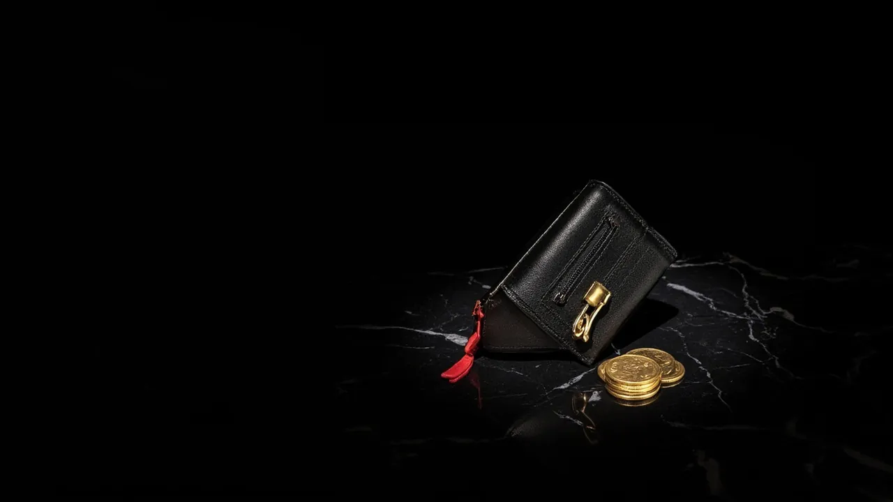 A black leather wallet with a small brass padlock on its zip beside gold coins on black marble