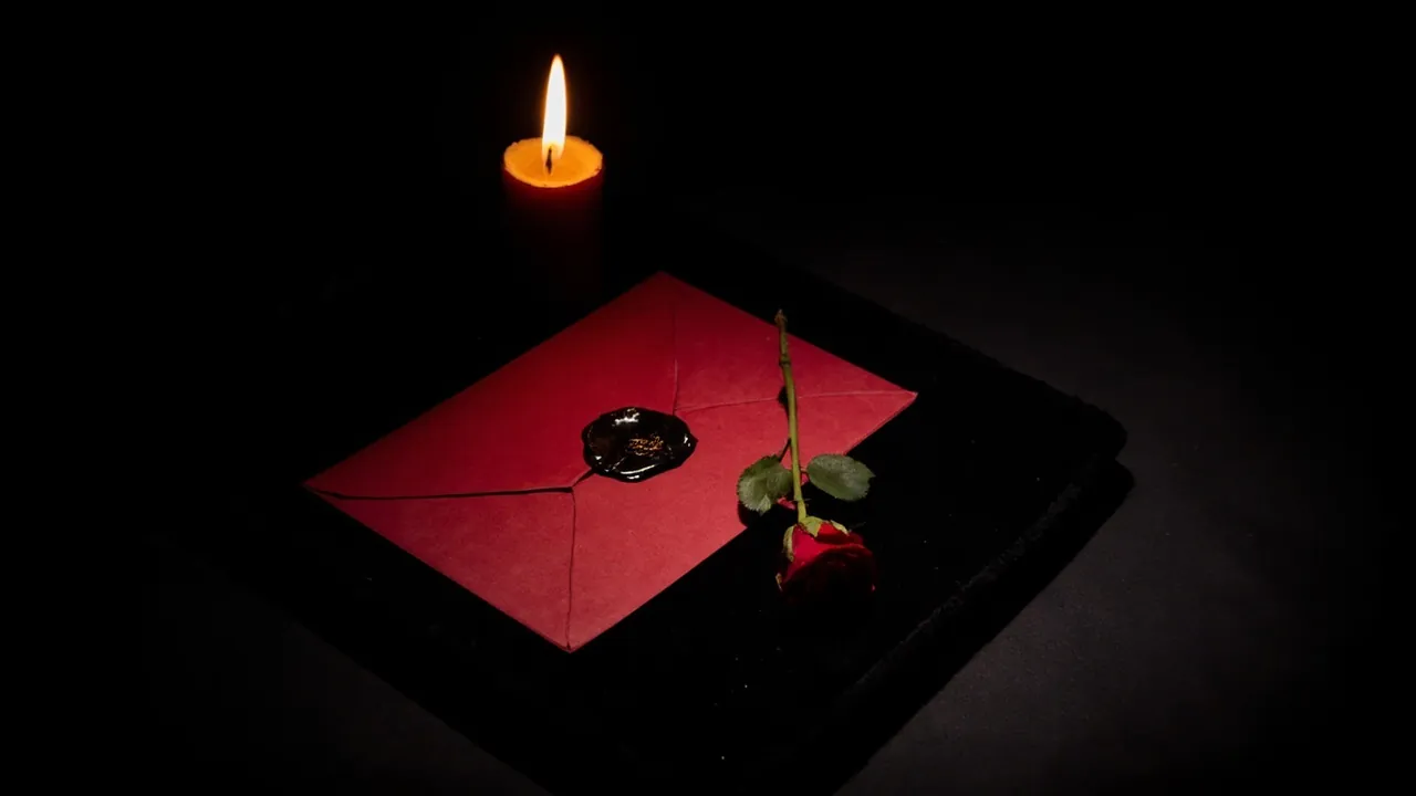A red envelope sealed with black wax and a single red rose on a black velvet tray by candlelight