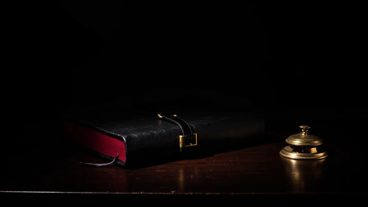 A black leather-bound book fastened with a gold buckle strap beside a brass desk bell on a dark desk