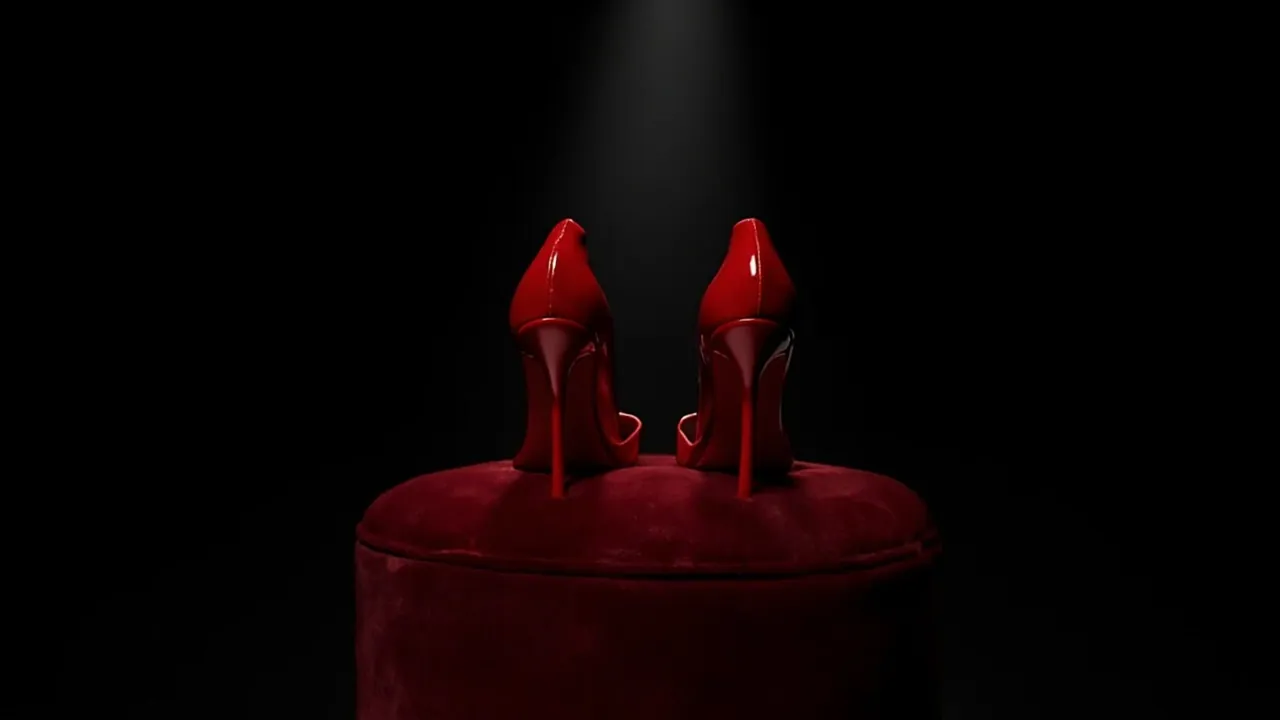 A pair of red patent stilettos standing on a crimson velvet footstool under a spotlight
