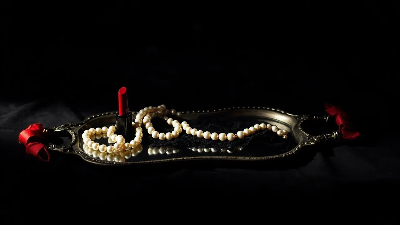 A string of pearls, a red lipstick and a lace garter on a vintage mirrored tray
