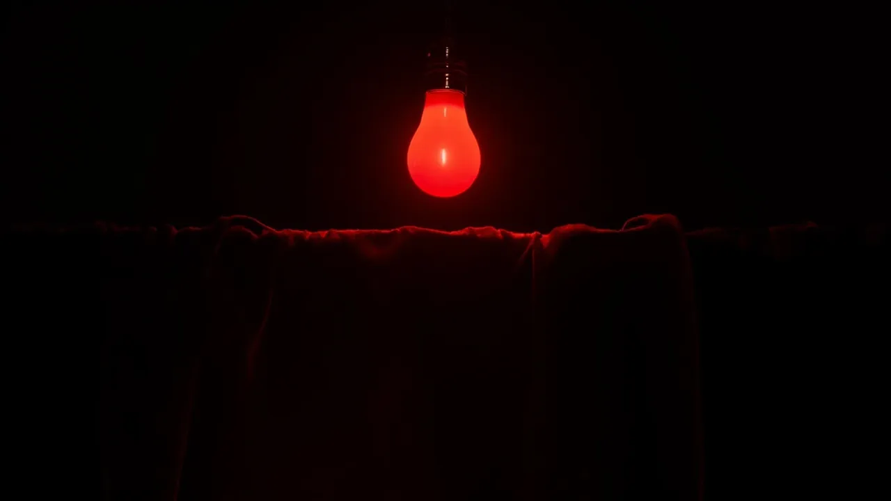 A red light bulb glowing above a heavy black velvet curtain