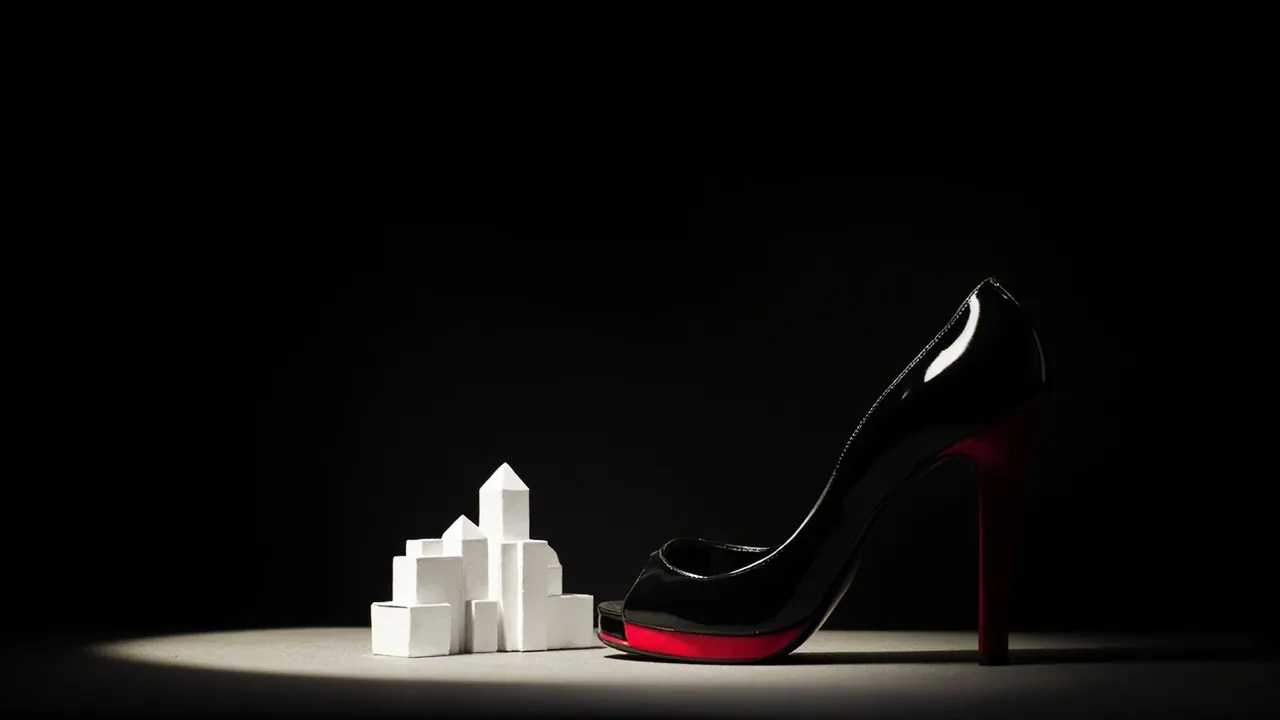 A black patent stiletto with a red sole beside a cluster of tiny white model buildings under a spotlight