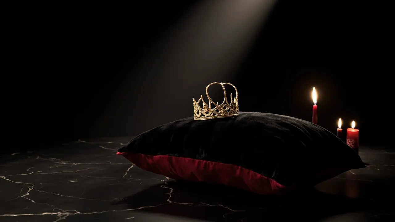 A small gold crown resting on a black velvet cushion beside lit red candles on black marble