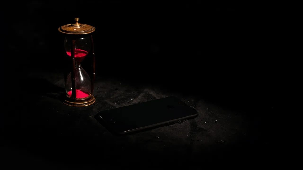 A vintage hourglass with red sand beside a smartphone lying face down on black velvet