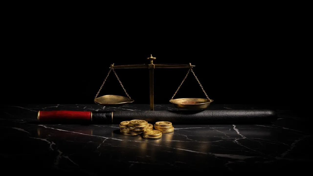 A brass balance scale above a short stack of gold coins and a riding crop on black marble