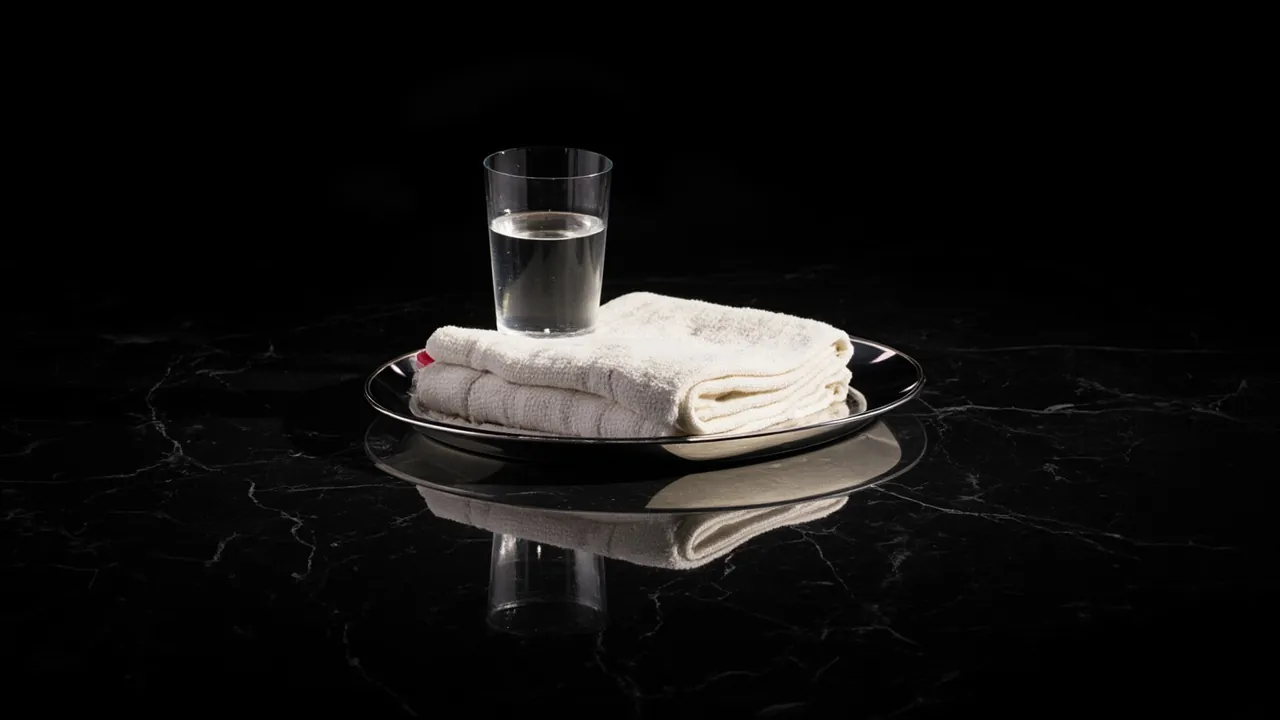 A silver tray with a folded white towel and a glass of water on black marble