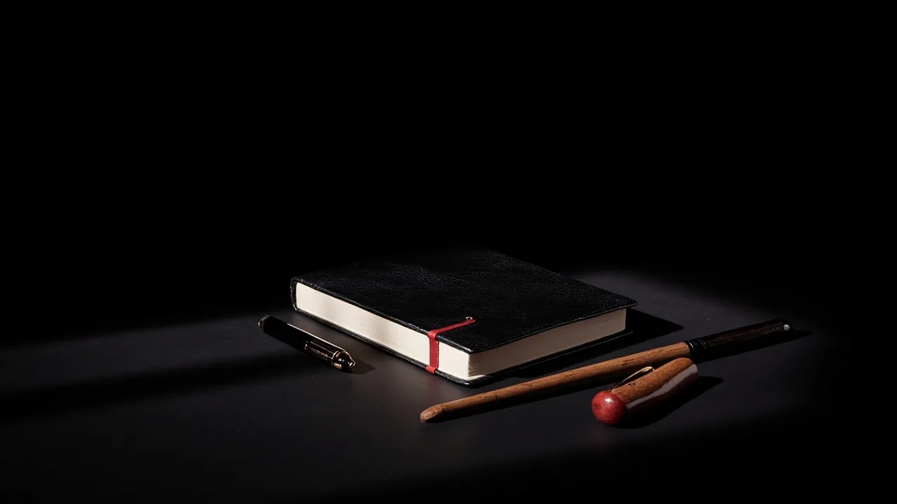 A black notebook with a red ribbon, a pen and a riding crop under a spotlight