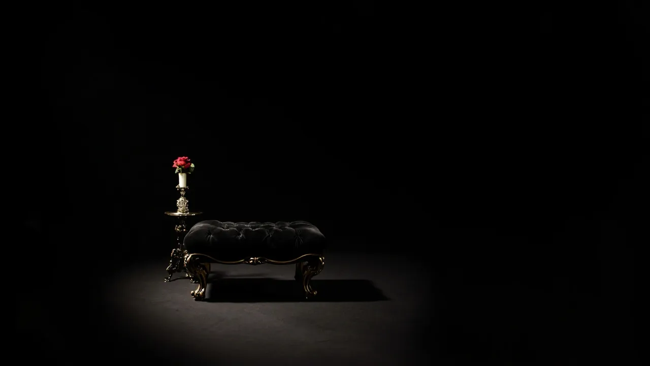Un reposapiés de terciopelo negro capitoné, ornamentado, junto a una pequeña mesa auxiliar barroca dorada con una rosa roja en una copa de cristal, en una habitación en penumbra