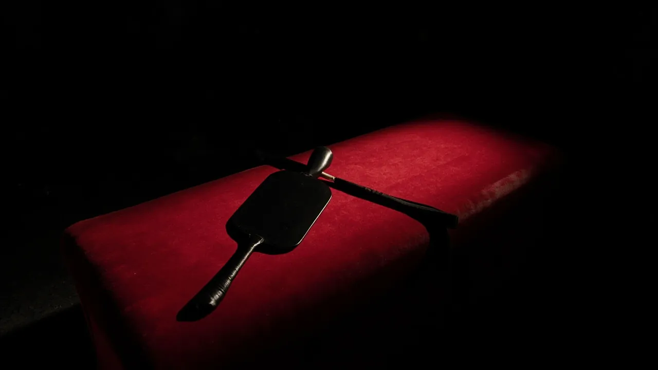 A black leather paddle lying across a red velvet bench under a spotlight