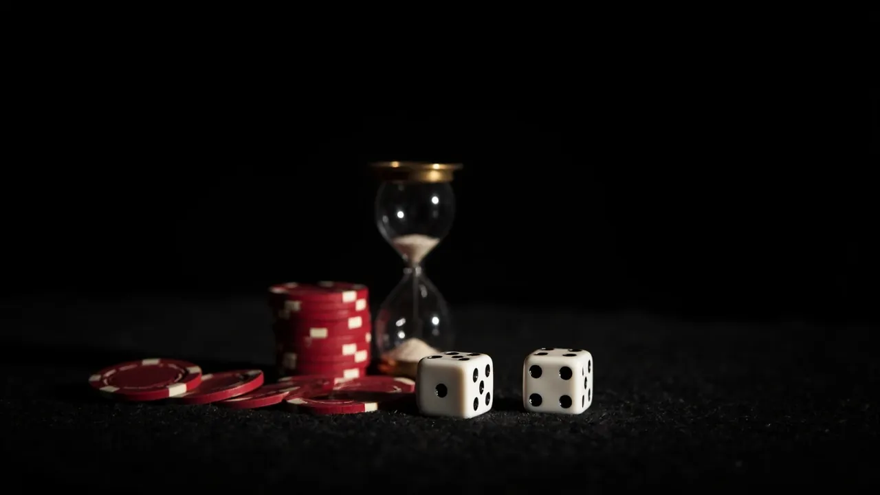 Two white dice, a stack of red poker chips and a brass hourglass on dark felt