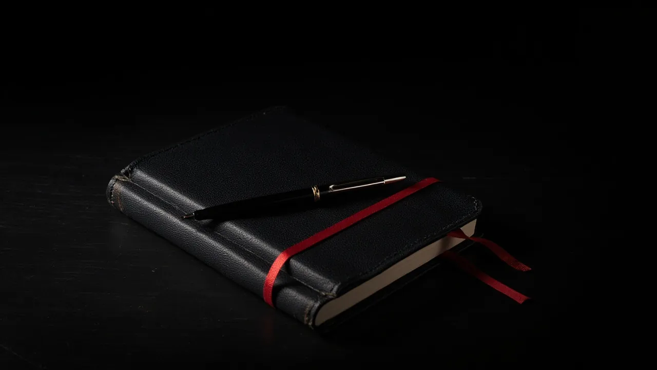 A closed black leather notebook with a red ribbon and a black fountain pen on dark wood